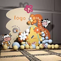 Colorful Balls And Flower Decor With Cartoon Cow For Happy 102 Days Celebration
