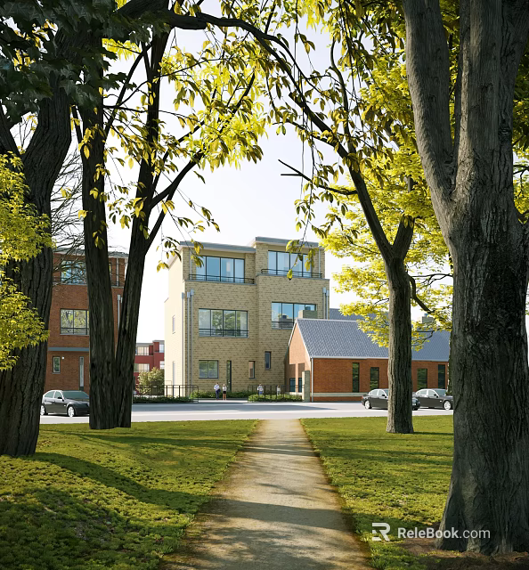 Modern Multistory Office Building With Brick And Glass Exterior Surrounded By Trees Grass Pathway 3d model 