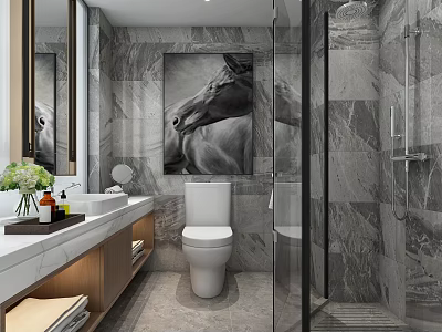 Modern Luxury Marble Bathroom With Glass Shower Enclosure And Elegant Floating Vanity Cabinet Design 3d model