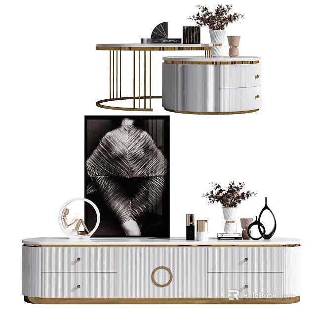 Modern White TV Stand With Gold Accents Drawers Decorative Vase And Black White 3d model 