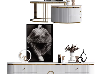 Modern White TV Stand With Gold Accents Drawers Decorative Vase And Black White 3d model