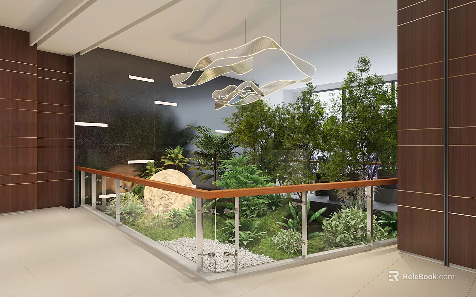 Modern Shopping Mall Lobby With Glass Railing Green Plants And Hanging Artistic Installation 3d model 