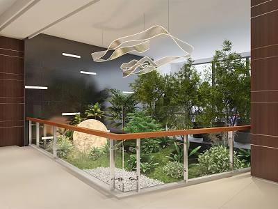 Modern Shopping Mall Lobby With Glass Railing Green Plants And Hanging Artistic Installation 3d model