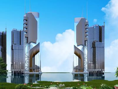 Modern High Rise Office Building With Glass Facade Waterfront Greenery And Blue Sky 3d model