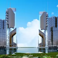 Modern High Rise Office Building With Glass Facade Waterfront Greenery And Blue Sky