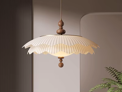 Modern Minimalist Pendant Light With White Pleated Fabric Shade And Wooden Accents 3d model