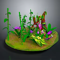Small Plant Landscape With Green Grass Purple Flowers Brown Branches And Green Leaves