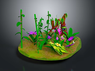 Small Plant Landscape With Green Grass Purple Flowers Brown Branches And Green Leaves 3d model