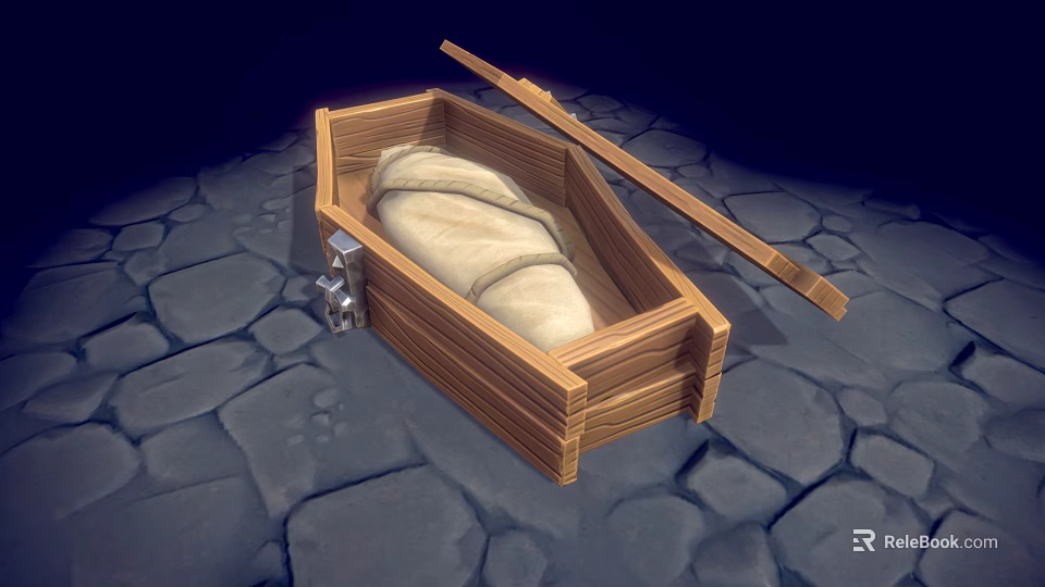 Wooden Box With White Wrapped Object And Wooden Stick On Stone Pavement 3d model 