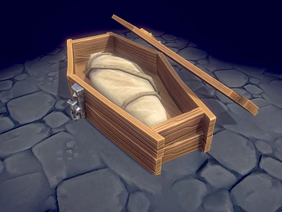 Wooden Box With White Wrapped Object And Wooden Stick On Stone Pavement 3d model