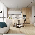 Modern Apartment Living Room With Light Gray Sofa Blue Cushions Large Windows And Dining Table