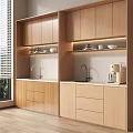 Modern Pantry Interior With Wooden Cabinets Sinks Coffee Machine And Shelves With Cups