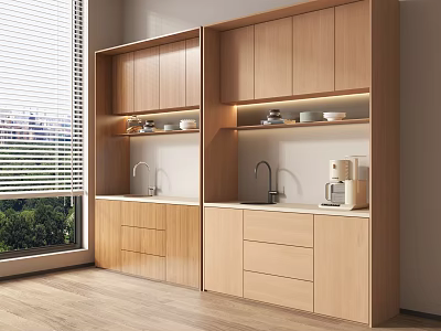 Modern Pantry Interior With Wooden Cabinets Sinks Coffee Machine And Shelves With Cups 3d model