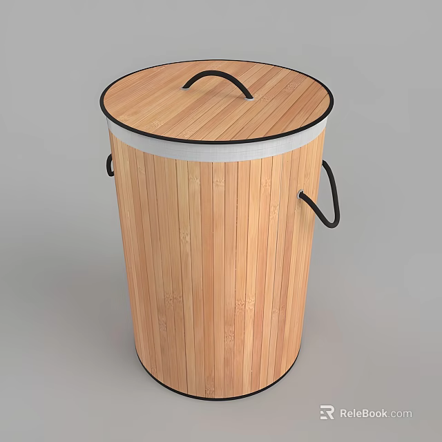 Bamboo Trash Can With Lid Black Handles And Cylindrical Design For Home 3d model 