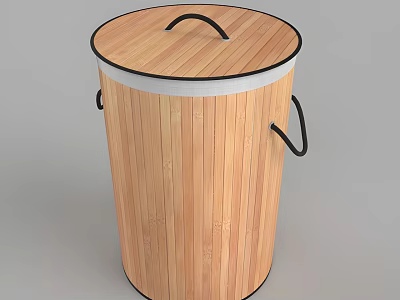 Bamboo Trash Can With Lid Black Handles And Cylindrical Design For Home 3d model
