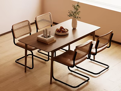 Modern Wooden Dining Table And Chairs With Woven Back Leather Seats Fruit Bowl And Vase 3d model