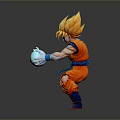 Super Saiyan 3D Model with Blonde Spiky Hair Orange Outfit Crouching Holding Blue Energy Ball