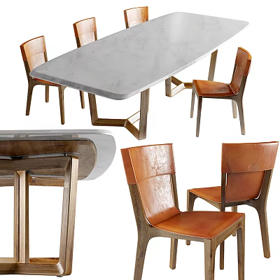 Modern Dining Table and Chair Set with Marble Top Leather Seats and Wooden Frame 3d model