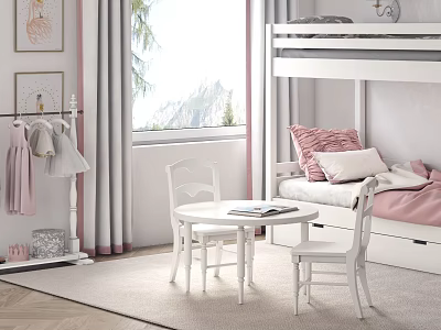 White Round Children's Table With Matching Chairs In Cozy Kids Room With Pink Bedding 3d model