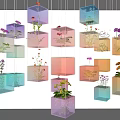 Decorative Transparent Cube Planters Hanging With Colorful Flowers And Green Plants