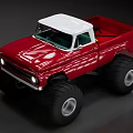 Red Vintage Modified Truck With Large Monster Tires And White Roof