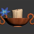 Orange Bowl Shaped Candle Lamp With Blue Flower Decoration And Handles