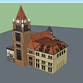 Historic Building Exterior With Red Brick Walls Spire Tower Clock And Arched Windows