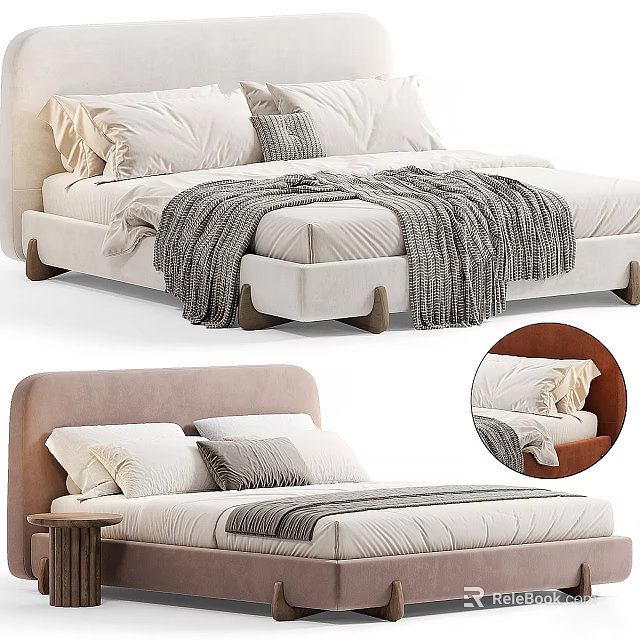 Modern Double Bed Interior With Fabric Frame Pillows And Throw Blanket 3d model 