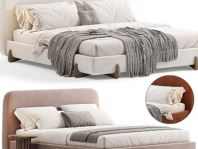 Modern Double Bed Interior With Fabric Frame Pillows And Throw Blanket 3d model