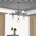 Modern Spherical Chandelier In Room With White Walls Wooden Elements Metal Frame And Green Plant