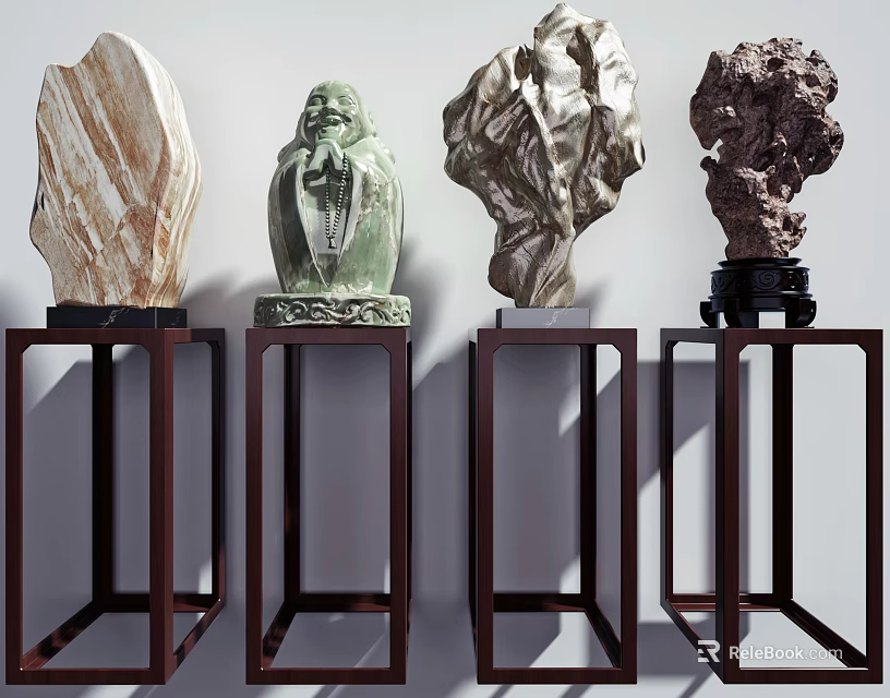 Artistic Decorative Ornament Set with Unique Textured Sculptures on Dark Wooden Stands 3d model 