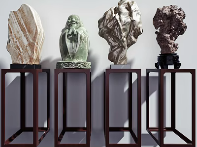 Artistic Decorative Ornament Set with Unique Textured Sculptures on Dark Wooden Stands 3d model