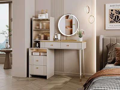 Modern Dressing Table in Bedroom with Round Mirror Drawers and Flower Vase 3d model