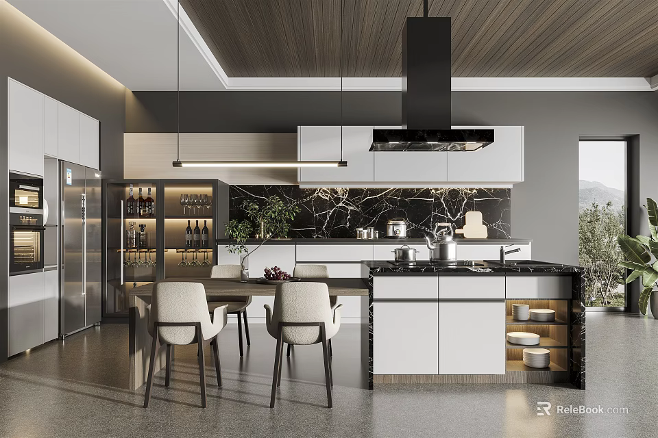 Modern Kitchen Interior Design With Island Counter Pendant Lights And Cabinets 3d model