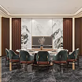 Luxurious Private Dining Room With Round Table Green Chairs And Mountain Pattern Wall Decor 3d model