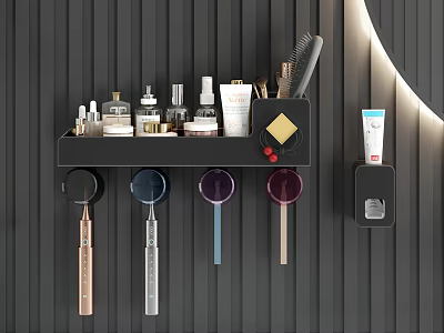 Wall Mounted Black Bathroom Accessories Storage Rack With Toiletries Toothbrush Holders And Cosmetic Bottles 3d model