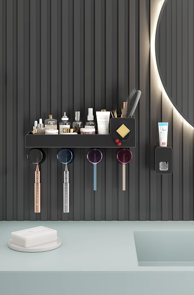 Wall Mounted Black Bathroom Accessories Storage Rack With Toiletries Toothbrush Holders And Cosmetic Bottles 3d model