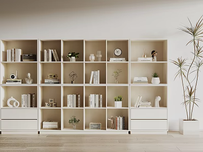 Modern White Shelf Unit With Multiple Compartments Books Decorative Items Potted Plants And Clock 3d model