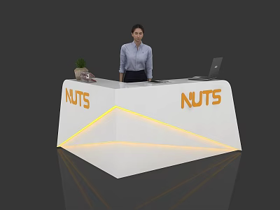 Exhibition Reception Desk Featuring White Surface Orange NUTS Logo Yellow LED Strips And Laptop 3d model