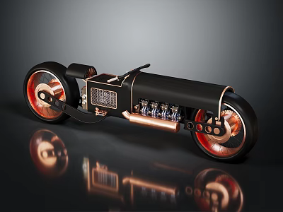 Black Custom Motorcycle With Red Wheels And Copper Engine Accents On Sleek Surface 3d model