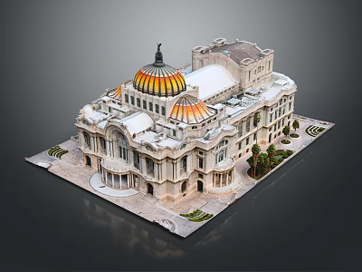 Historic Classical Building With Colorful Dome White Roof Stone Facade And Small Trees 3d model