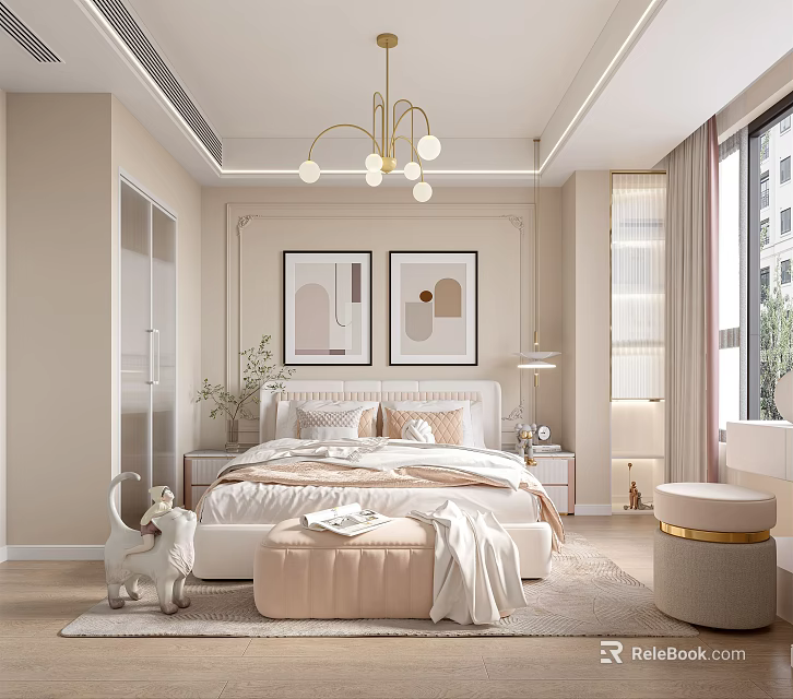 Elegant Bedroom Interior Design With Chandelier Decorative Paintings Bed Rug And Ottoman 3d model 