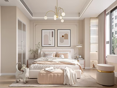 Elegant Bedroom Interior Design With Chandelier Decorative Paintings Bed Rug And Ottoman 3d model