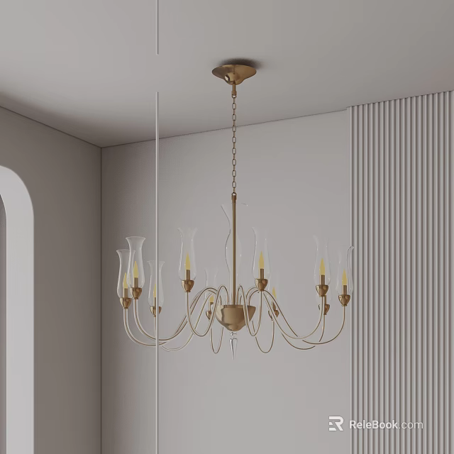 Modern Minimalist Room Chandelier With Golden Chain And Candle Shaped Bulbs 3d model 