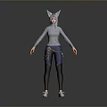 3D Character In Gray Hoodie Blue Jeans Black Leggings White Shoes Cat Ear Headpiece