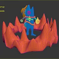 Blue Game Movie Character With Red Eyes And Orange Accessory In Red Flame Like Surroundings