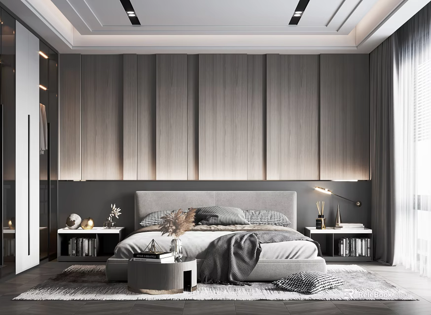 Modern Bedroom Interior With Wooden Panel Wall Gray Headboard And Bedside Lamps 3d model 
