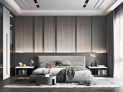 Modern Bedroom Interior With Wooden Panel Wall Gray Headboard And Bedside Lamps 3d model