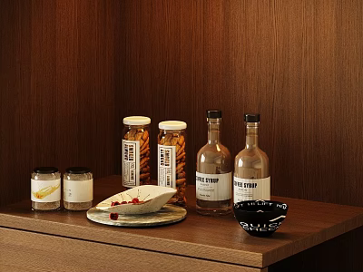 Wooden Shelf Display With Labeled Bottles Jars Food Plate And Black Bowl 3d model