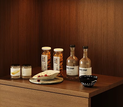 Wooden Shelf Display With Labeled Bottles Jars Food Plate And Black Bowl 3d model